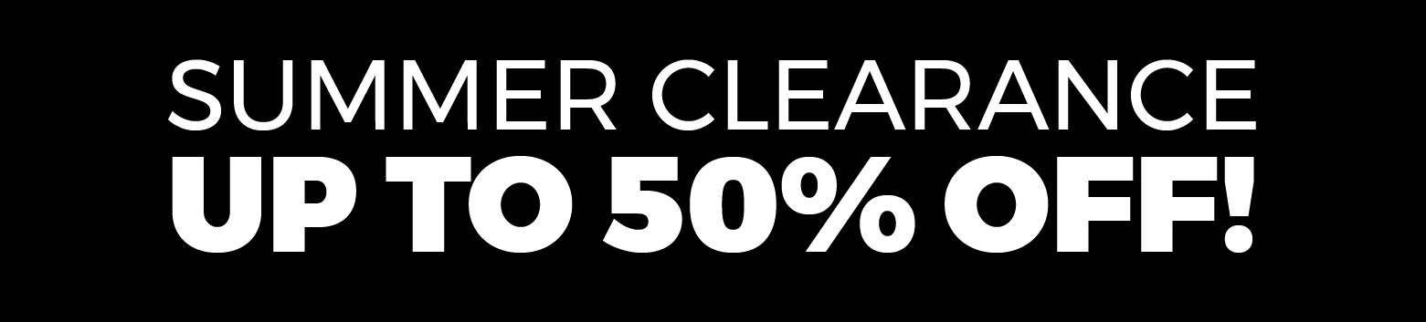 Summer clearance sale banner with text 'Up to 50% off' on a black background