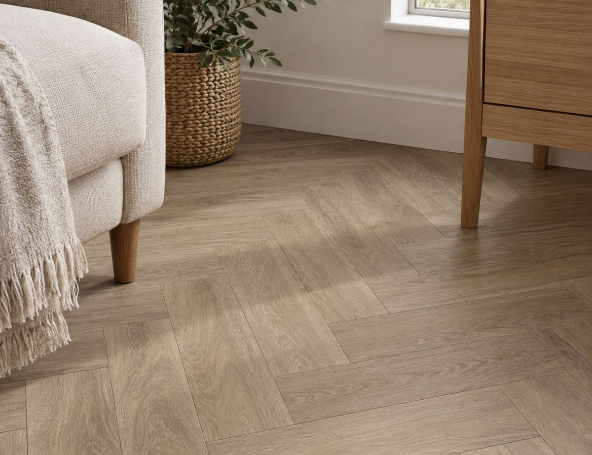 Herringbone Vinyl Flooring in a neutral living room