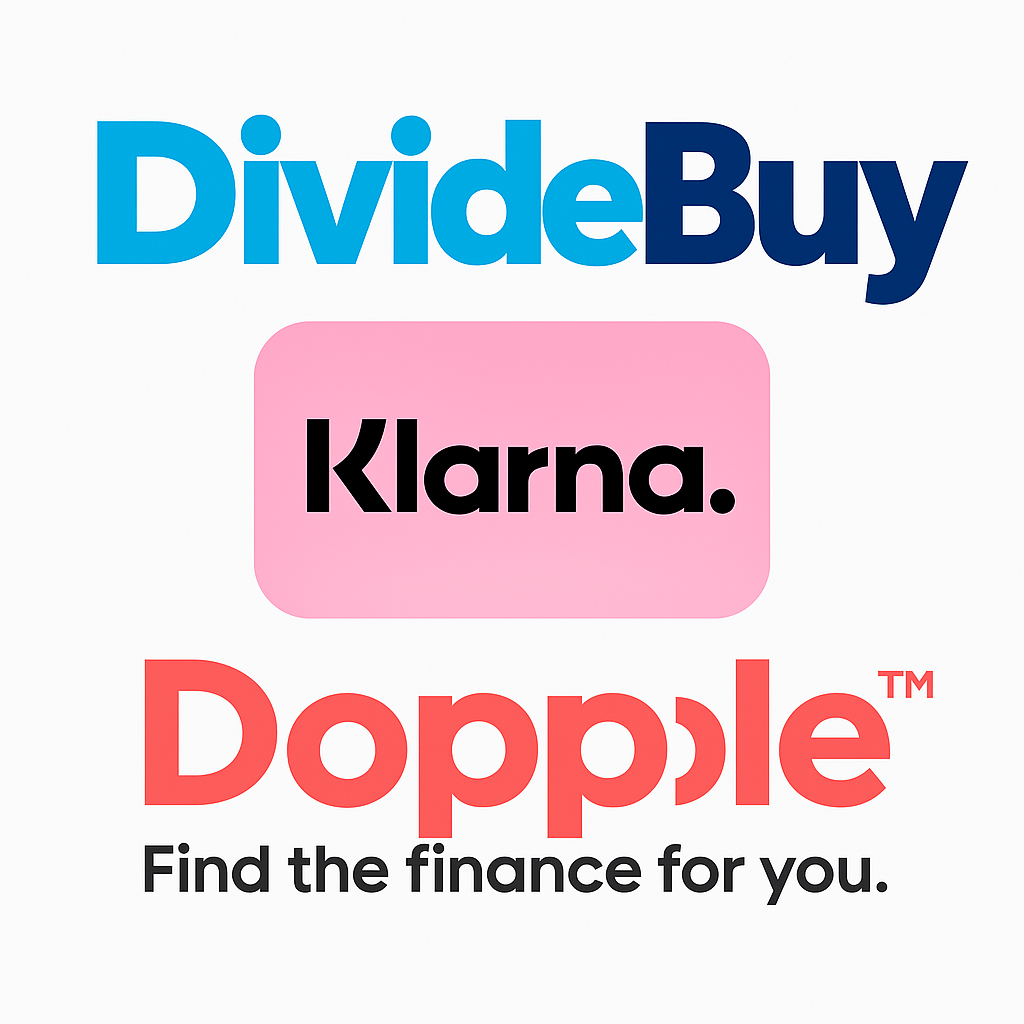 Logos of DivideBuy, Klarna, and Doppole on a white background