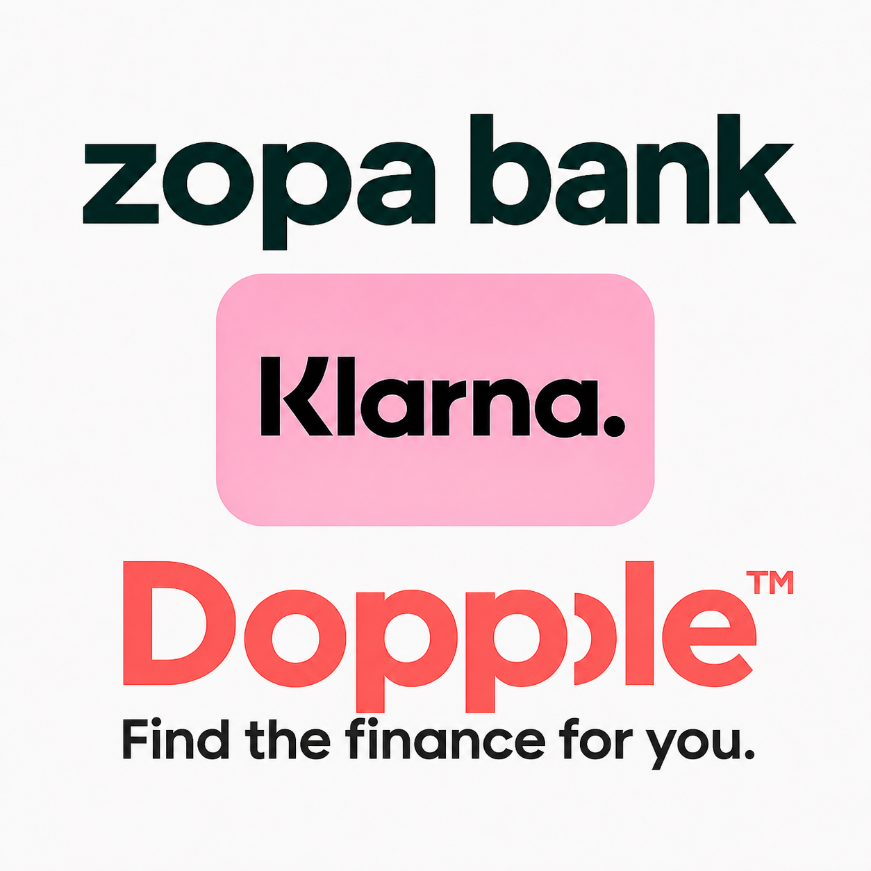 Logos of Zopa Bank, Klarna, and Doppole on a white background