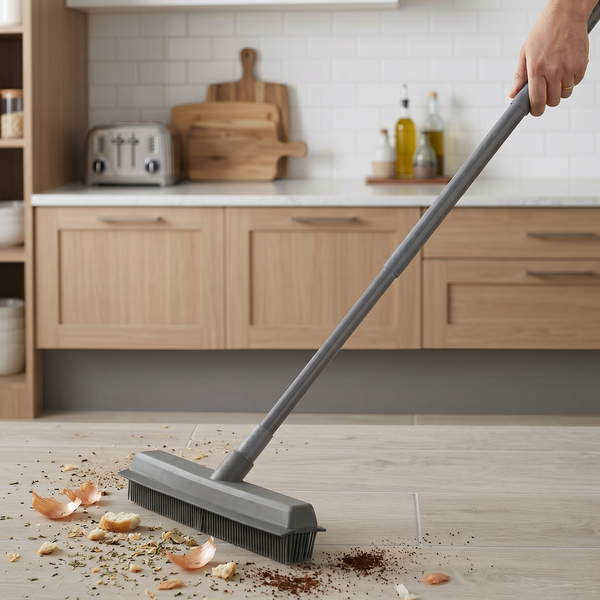 Person using a broom to clean a kitchen floor with wooden cabinets and a toaster in the background.