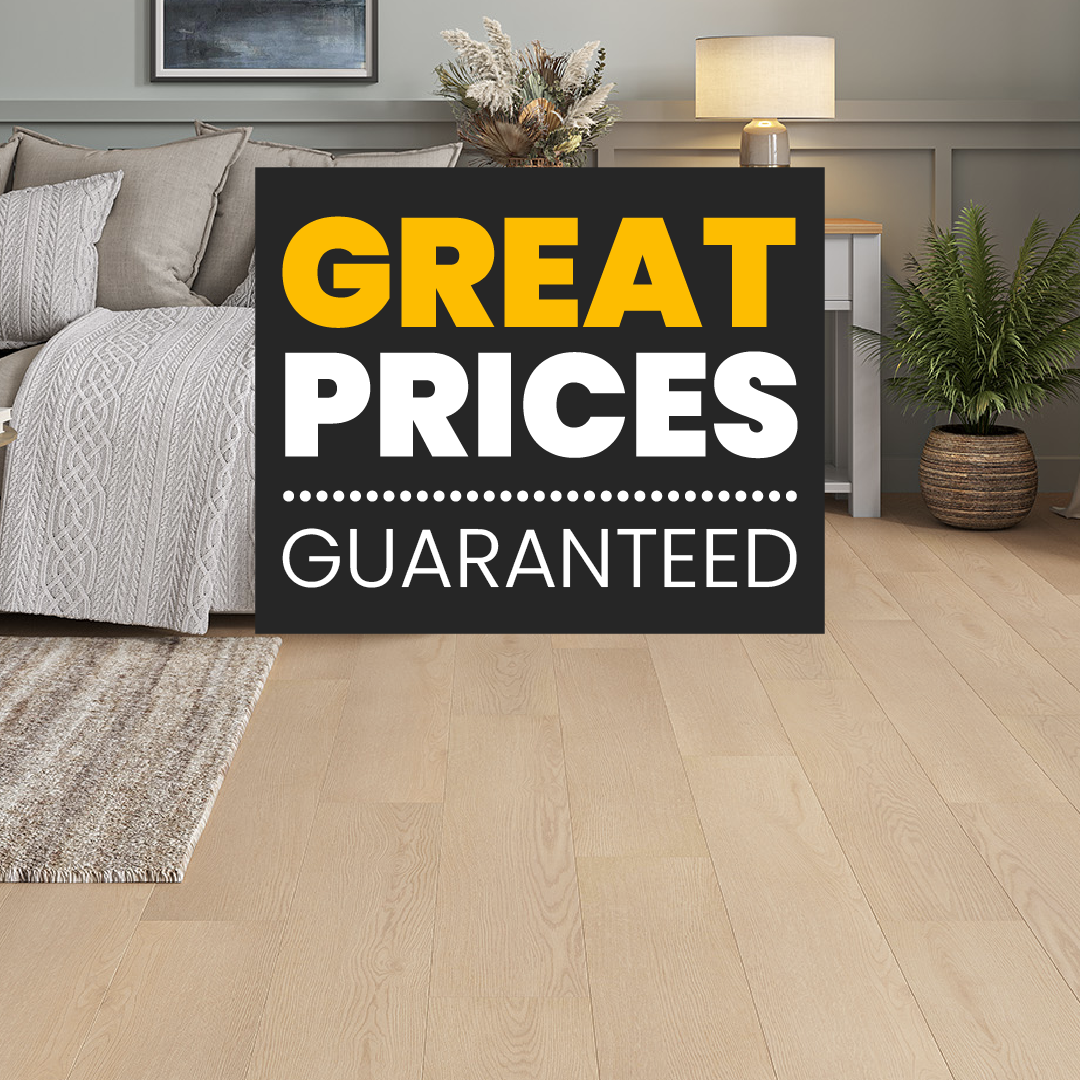 Living room with 'Great Prices Guaranteed' sign from Carpet Warehouse