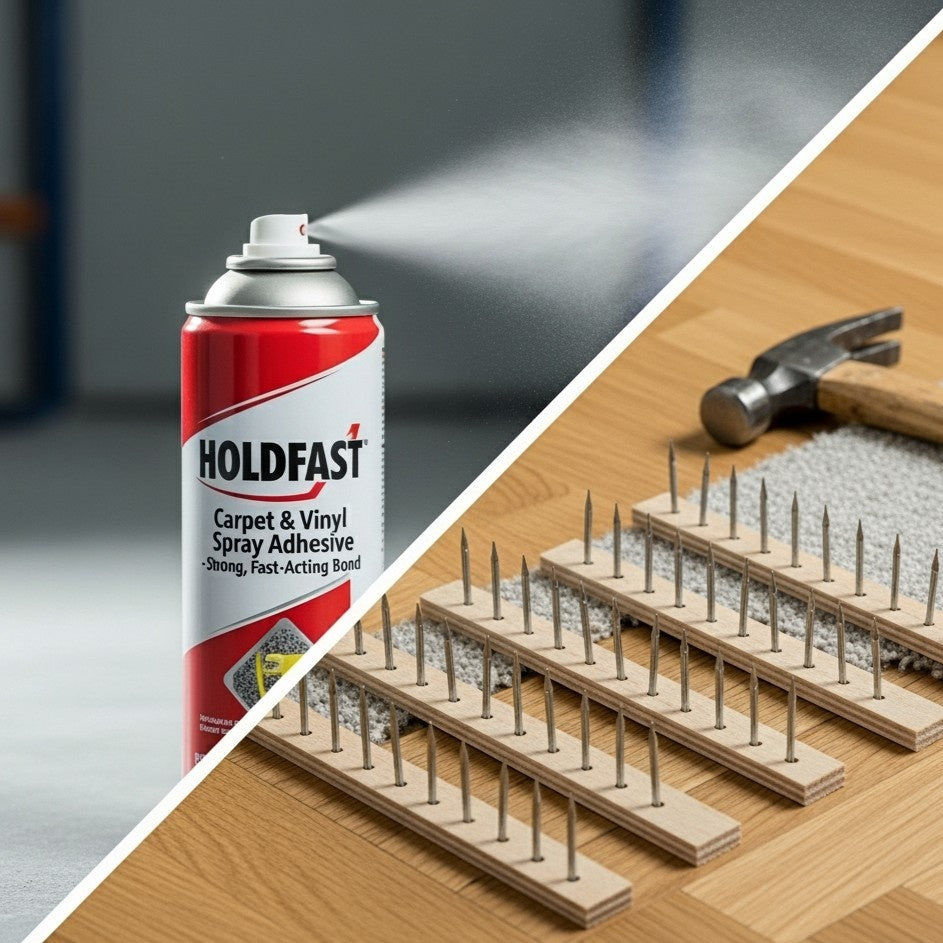 Comparison image of carpet & vinyl spray adhesive can to carpet grippers
