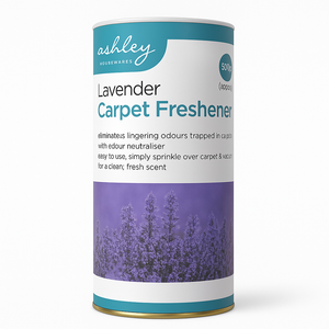 Lavender carpet freshener canister with 'Ashley' branding on a white background