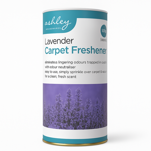 Lavender carpet freshener canister with 'Ashley' branding on a white background